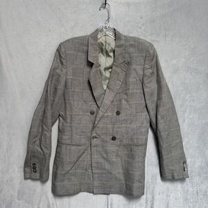 Alan Austin Blazer Mens 42 Linen Plaid Double Breasted Sport Coat Made Italy